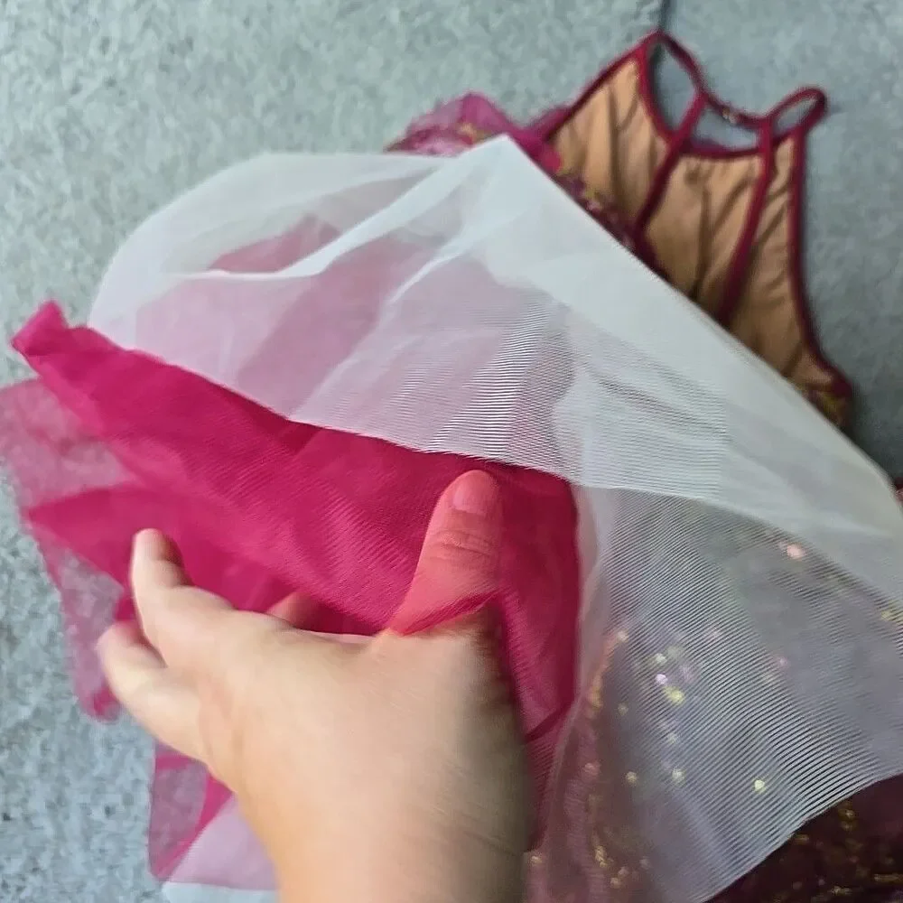 Ballet Dance Fairy Costume Revolution Fucia Maroon Large Child Gold Pink Sequens